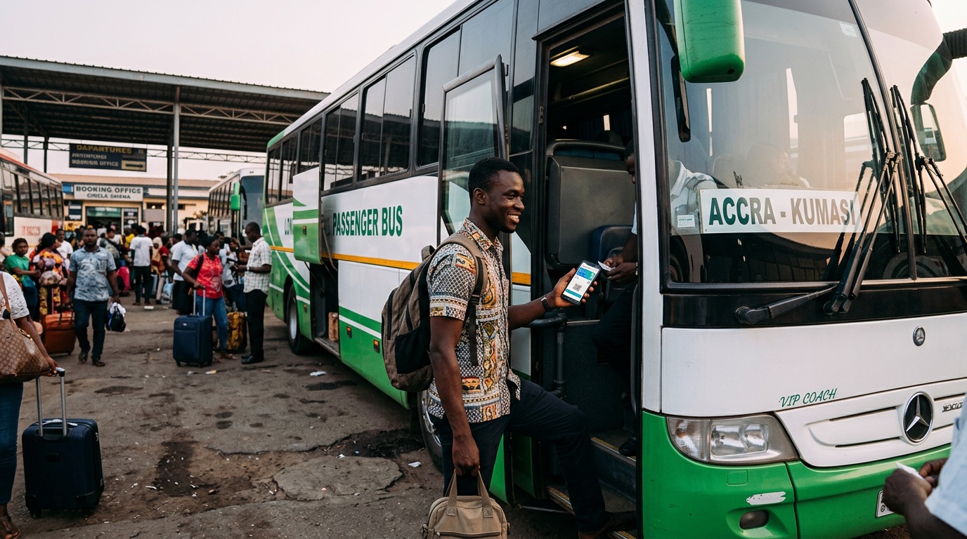 Passenger showing a digital bus ticket on a phone while boarding a coach