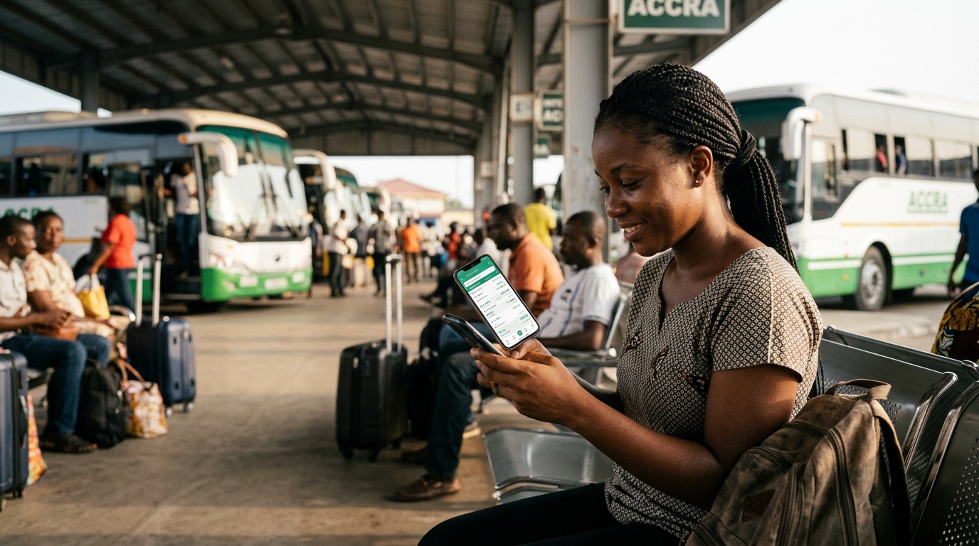Passenger browsing intercity bus routes on a phone at a Ghana bus terminal