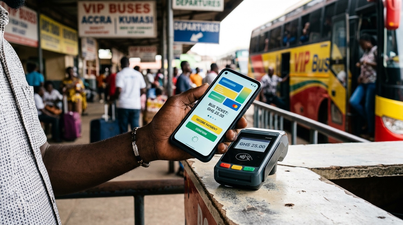 Mobile checkout for a bus ticket payment in Ghana cedis on a smartphone