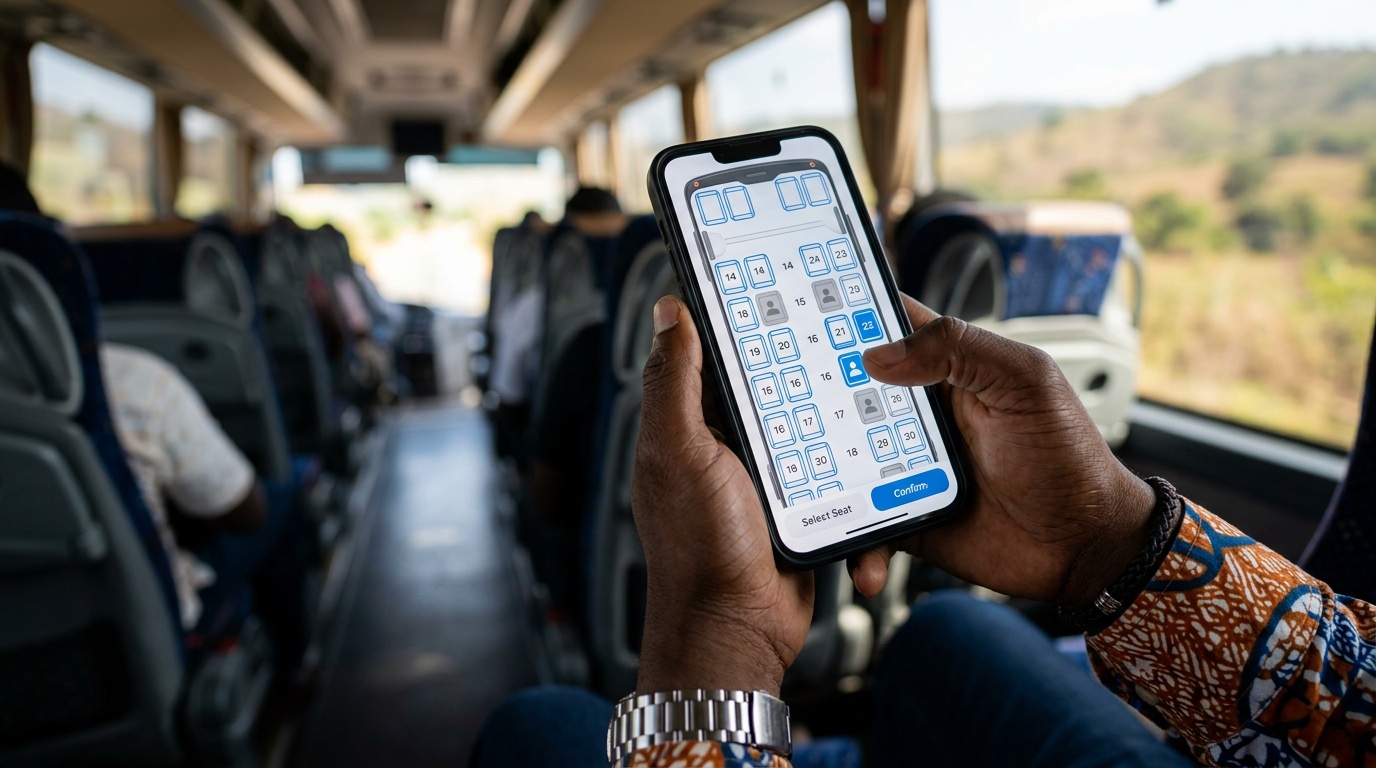 Traveler reviewing available coach seats on a smartphone seat map