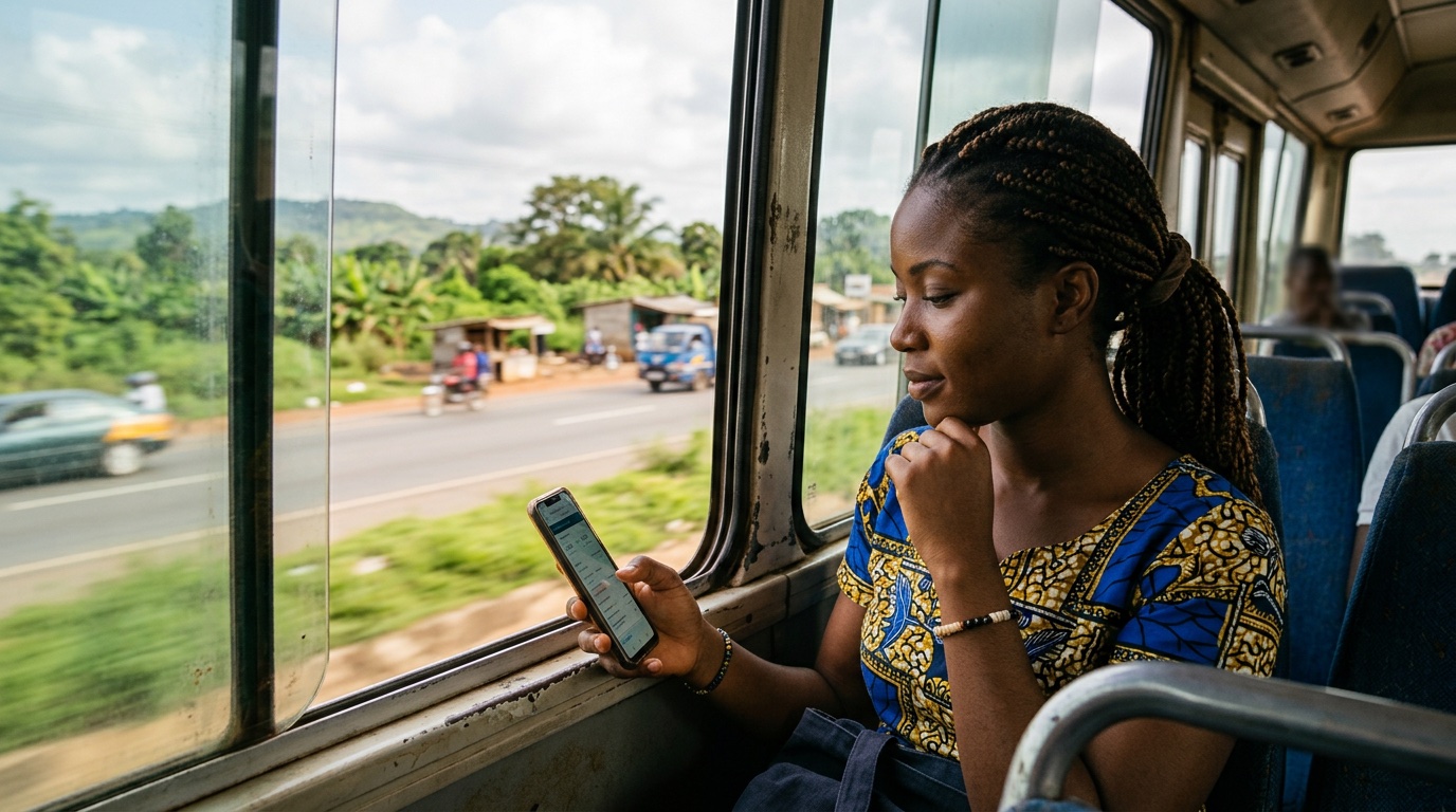 Passenger checking trip departure details on a phone by a bus window