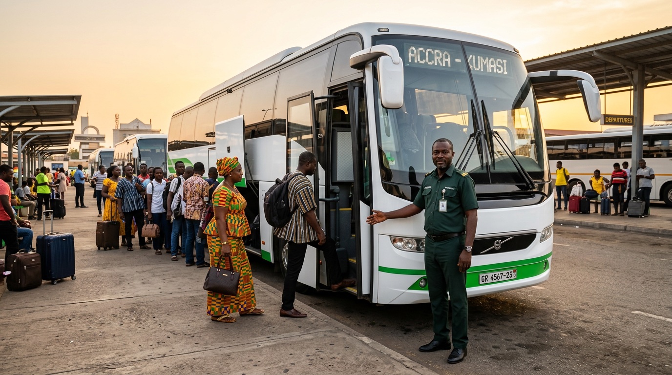 Professional coach crew and passengers boarding a Ghana intercity bus